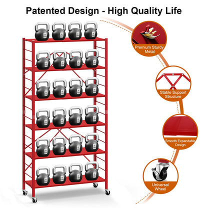 Himix 6 Tier Foldable Storage Shelves, Expandable Folding Bookshelf with Wheels, Changeable into 2 Shelf Units, Collapsible Adjustable Storage Rack Metal Shelves for Garage Kitchen, Basement, Red