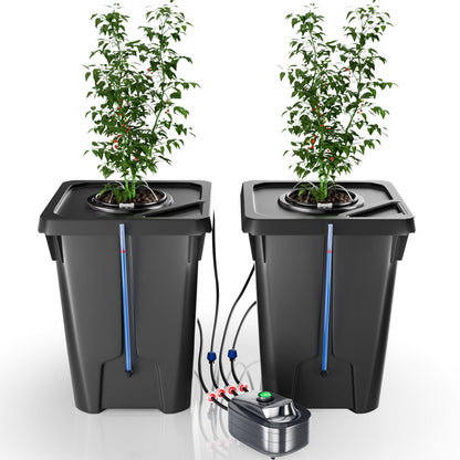 2 Buckets DWC Hydroponics Grow System with Top Drip Kit, 7 Gallon Deep Water Culture with Air Pump, Air Stone, Air Hose, Recirculating Drip Garden System