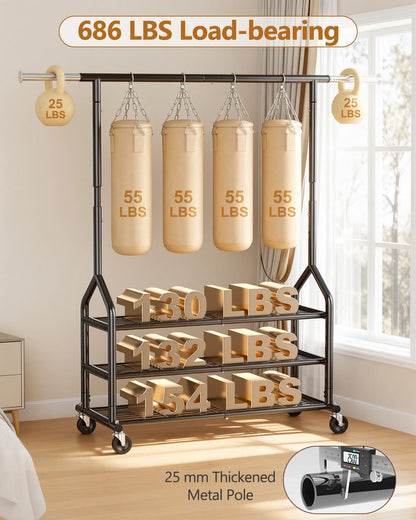 EAGMAK Heavy Duty Clothes Rack Load 686 LBS, Rolling Clothing Rack with 3 Shelves, Height Adjustable Metal Coat Racks, Portable Garment Closet Wardrobe Organizer with Wheels for Hanging Clothes, Black