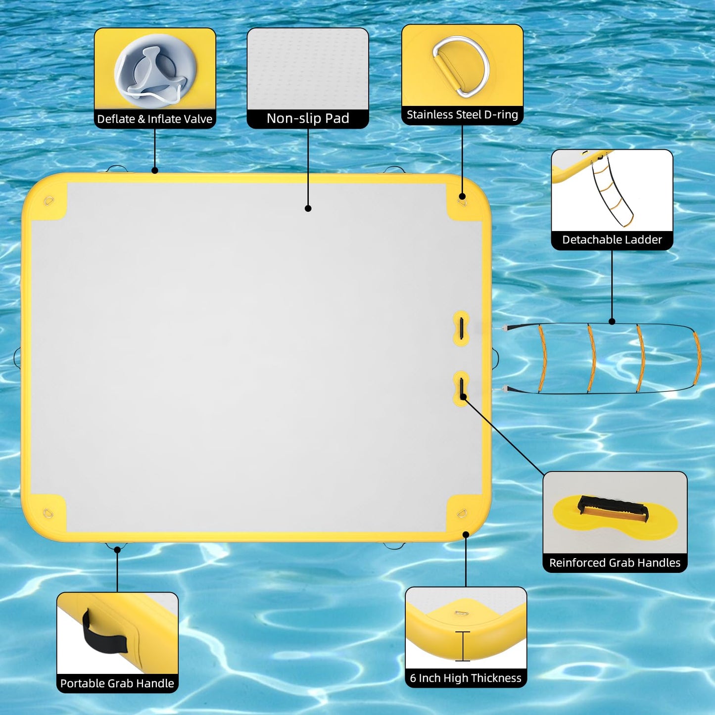 Inflatable Lake Float for Adults, GONFLABLE 12ft Air Floating Dock Platform-Raft for Pool & Beach (Yellow, 6x12 FT)