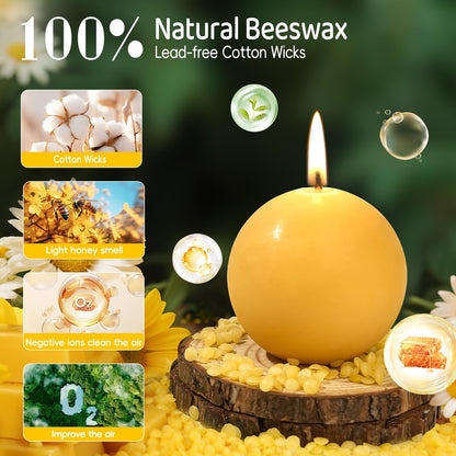 2 Pack Beeswax Round Ball Candles,Hand-Poured Natural Beeswax Candles- 60 H Long Burning Elegant Bees Wax Candles for Home,Paryer,Parties,Unscented Dripless Smokeless Beeswax Candle
