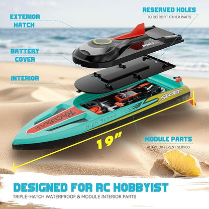 Brushless RC Boat 40+MPH Remote Control Boats for Adults Kids 19 Big Racing Boat for Salt Water Lake River with Self-Righting LED Lights Fishing Function Fast High Speed with Carry Bag