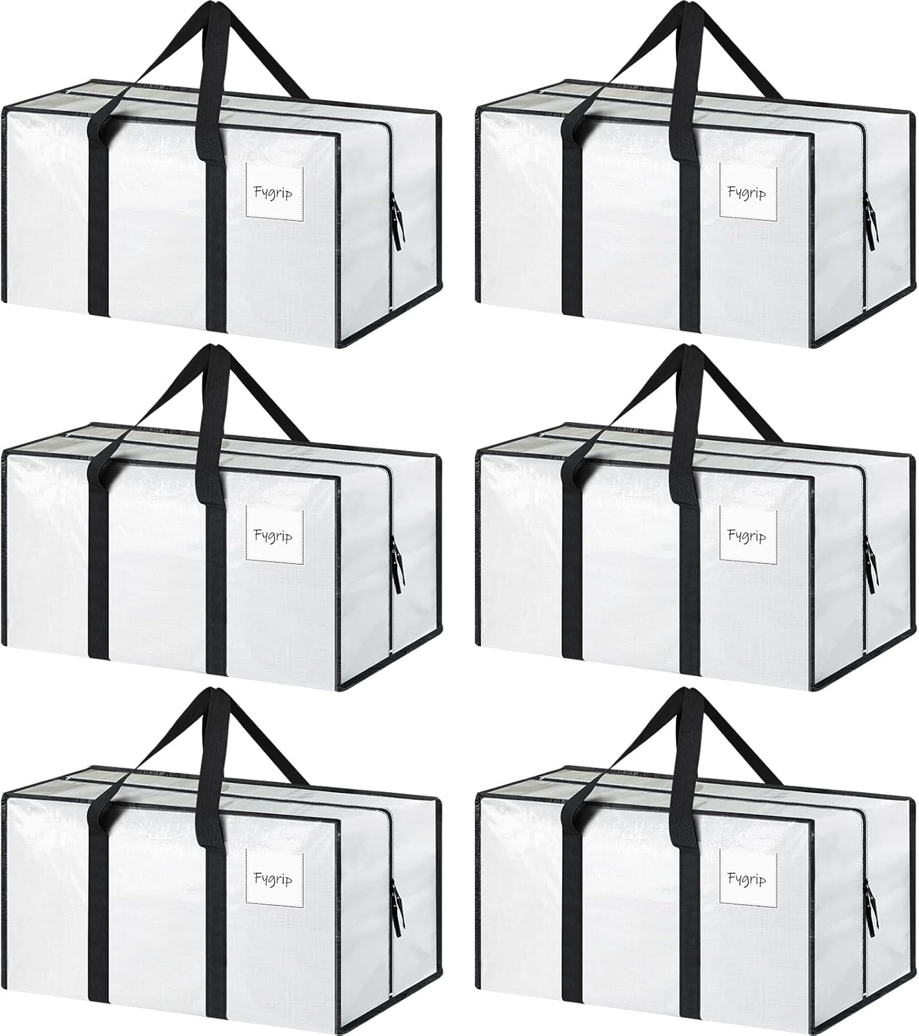 Skiennix Extra Heavy Duty Moving Bags - 6 Pack with Strong Zipper & Comfortable Handles | Durable White Storage Totes