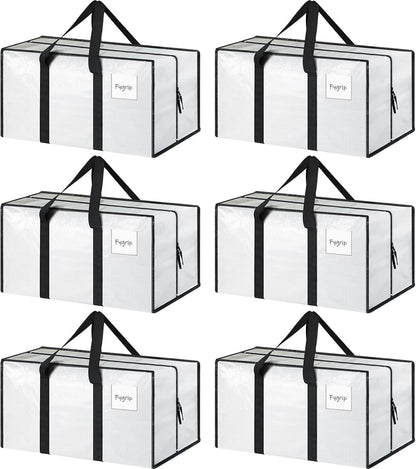 Skiennix Extra Heavy Duty Moving Bags - 6 Pack with Strong Zipper & Comfortable Handles | Durable White Storage Totes