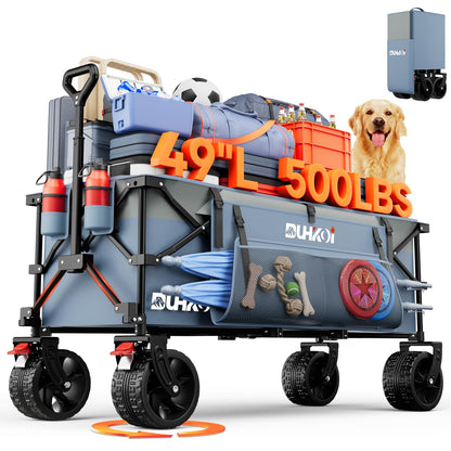 Duhkoi 49" L Collapsible Extended Wagon with 500lbs Weight Capacity,300L Heavy Duty Sports Wagon,Big All-Terrian Wheels with Cup Holders,Cart for Sports,Grocery,Shopping(LightBlue)