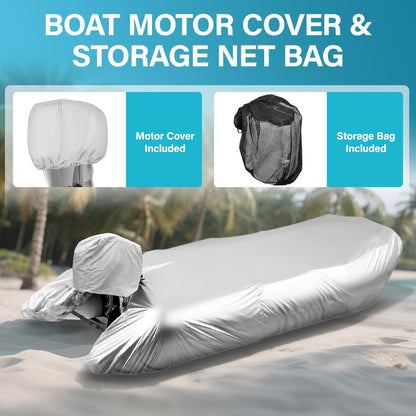 YimSting 1200D Inflatable Boat Cover with Motor Cover, 100% Waterproof Cover for Inflatable Dinghy 12-13 Feet,Anti UV Canvas with Hurricane Proof System for Storage, Mooring,Trailer,Sliver Gray