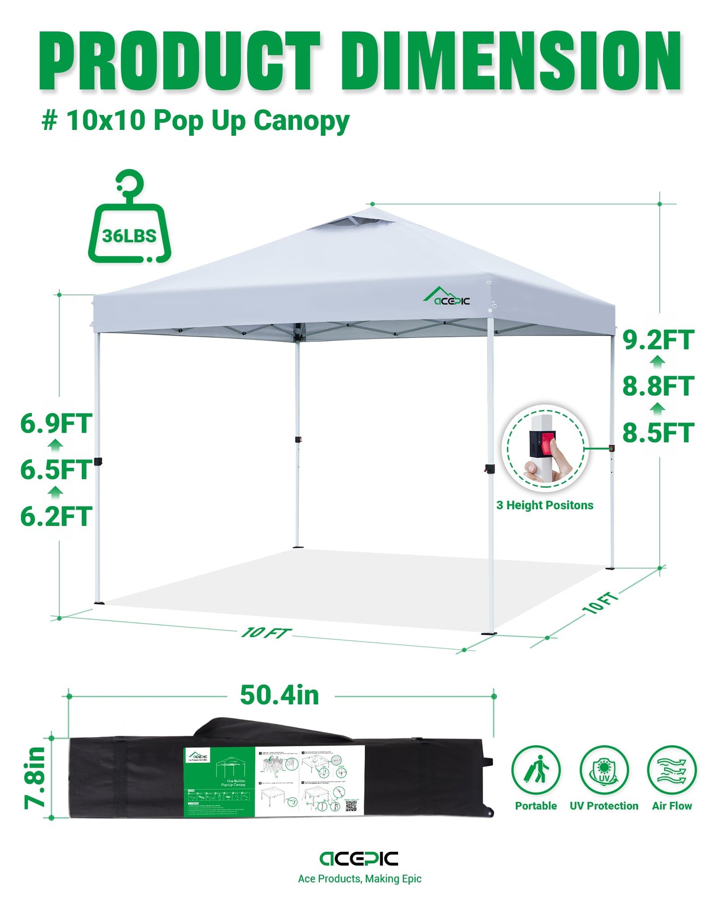 Acepic 10x10 Pop Up Canopy Tent, One Push Instant Outdoor Gazebo with Vented Top, Upgraded 300D Silver Coated Sun Shade for Parties Camping Vendor, Includes Wheeled Bag and 4 Sandbags, White