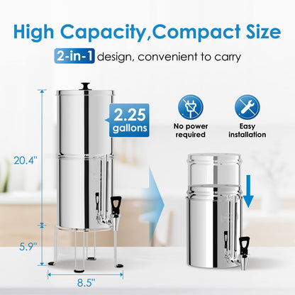 Waterdrop TK-S Gravity Water Filter System, NSF/ANSI 42&372 Standard, Stainless-Steel Water System with 2 Filters, Sight Glass Spigot and Stand, Reduces Chlorine and Lead, 2.25G