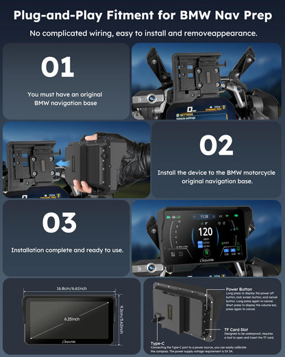 Carpuride W602BSPRO for BMW Motorcycle Carplay & Android Auto 6.25" IP67 Waterproof Car Play Moto GPS Navigation Screen with Dual Bluetooth, Data Reading, OTA, Wonder Control, TPMS, Compass, Barometer