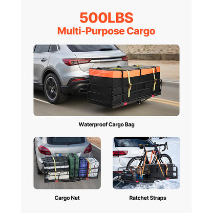 VEVOR 60" x 24" x 14", Hitch Cargo Carrier, 500 lbs Capacity Hitch Cargo Carrier with Cargo Net & Waterproof Cargo Bag, Folding Hitch Mount Cargo Carrier with Reflective Reminder, Fit for SUVs