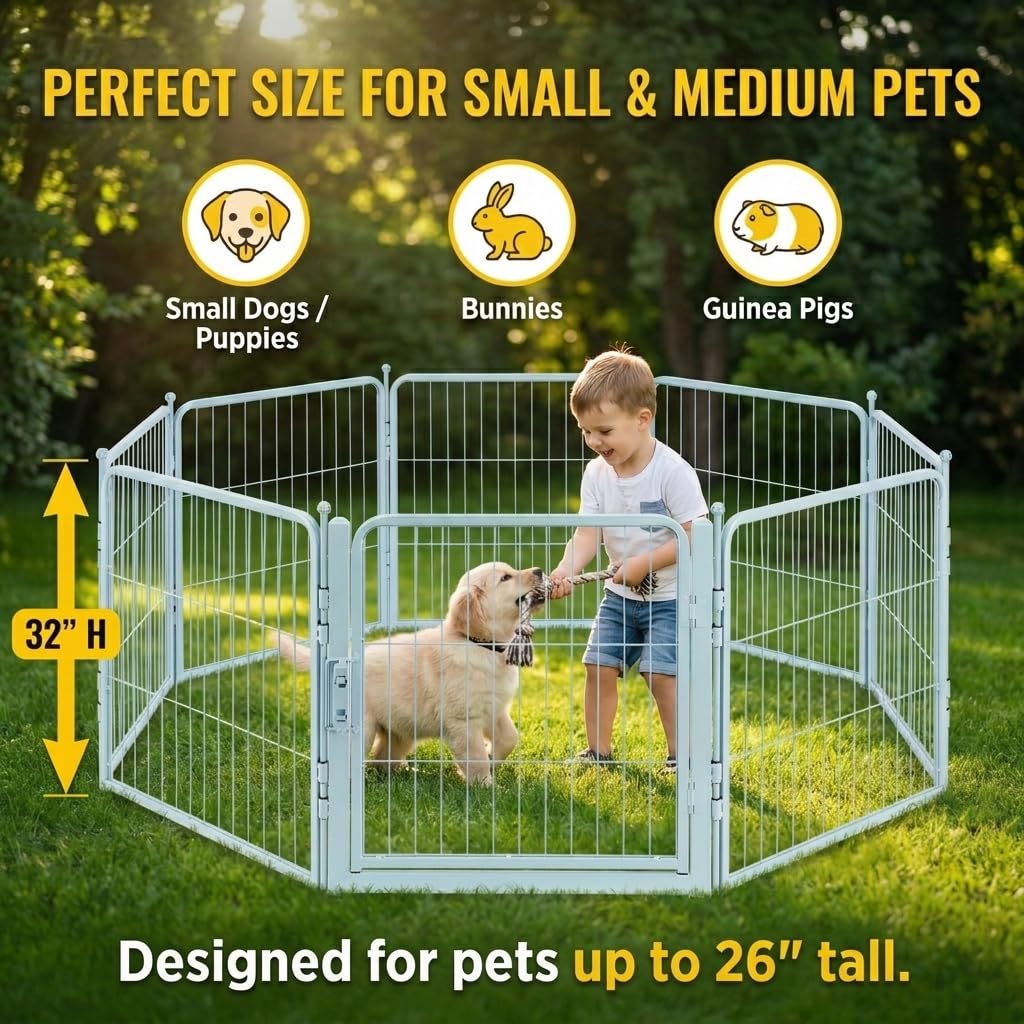 Blue Dog Playpen for Small/Medium Dogs - 32 inch 8 Panels Heavy Duty Metal Puppy Fence Outdoor Indoor with Door, Anti-Rust Foldable Puppy Pen Pet Enclosure, Portable Exercise Kennel for Camping, Yard