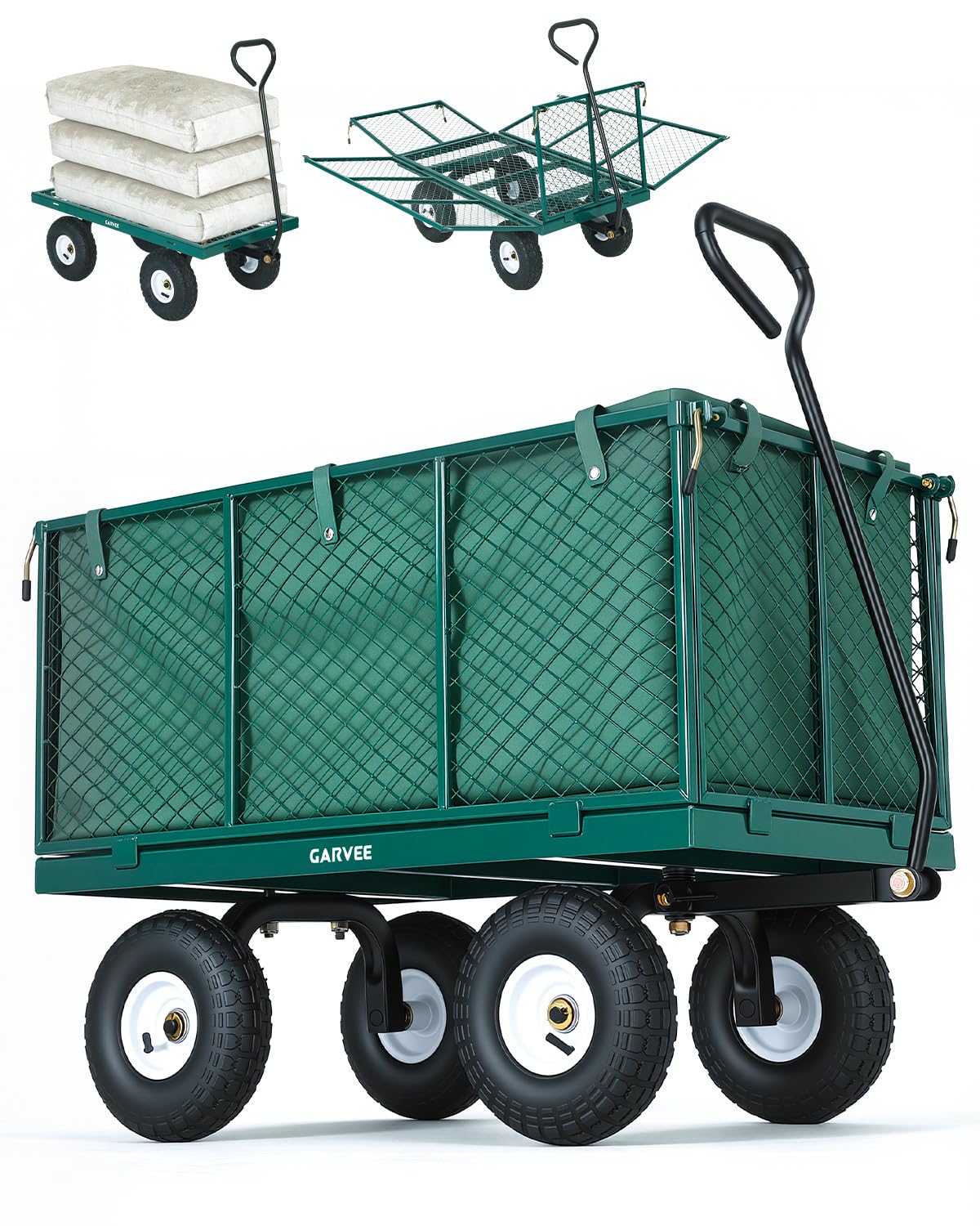 Garvee Versatile Outdoor Utility Cart-800LBS Heavy-Duty, 10" All-Terrain Pneumatic Tires, Easy Maneuverable Lawn Cart with Removable Mesh Panels for Gardening&Landscaping, Green, with Waterproof Liner