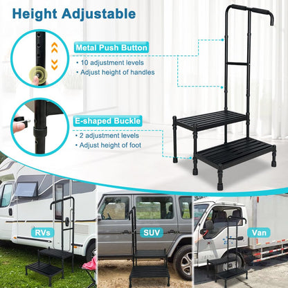 2 Step Stool with Handle for Elderly Seniors, Medical Safety Bedside Steps for High Beds Adults, Car RV Steps Platform with Handrail Heavy Duty Adjustable, Handicap Metal Stepping Stool Non Slip