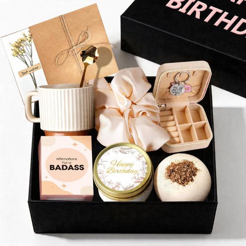 EOECL Happy Birthday Gift Box for Women - Relaxing Spa Basket for Best Friend, Mom, Coworker - Unique Gift Set with Affirmation Cards - Perfect for 18th 30th 40th 50th 60th Birthday