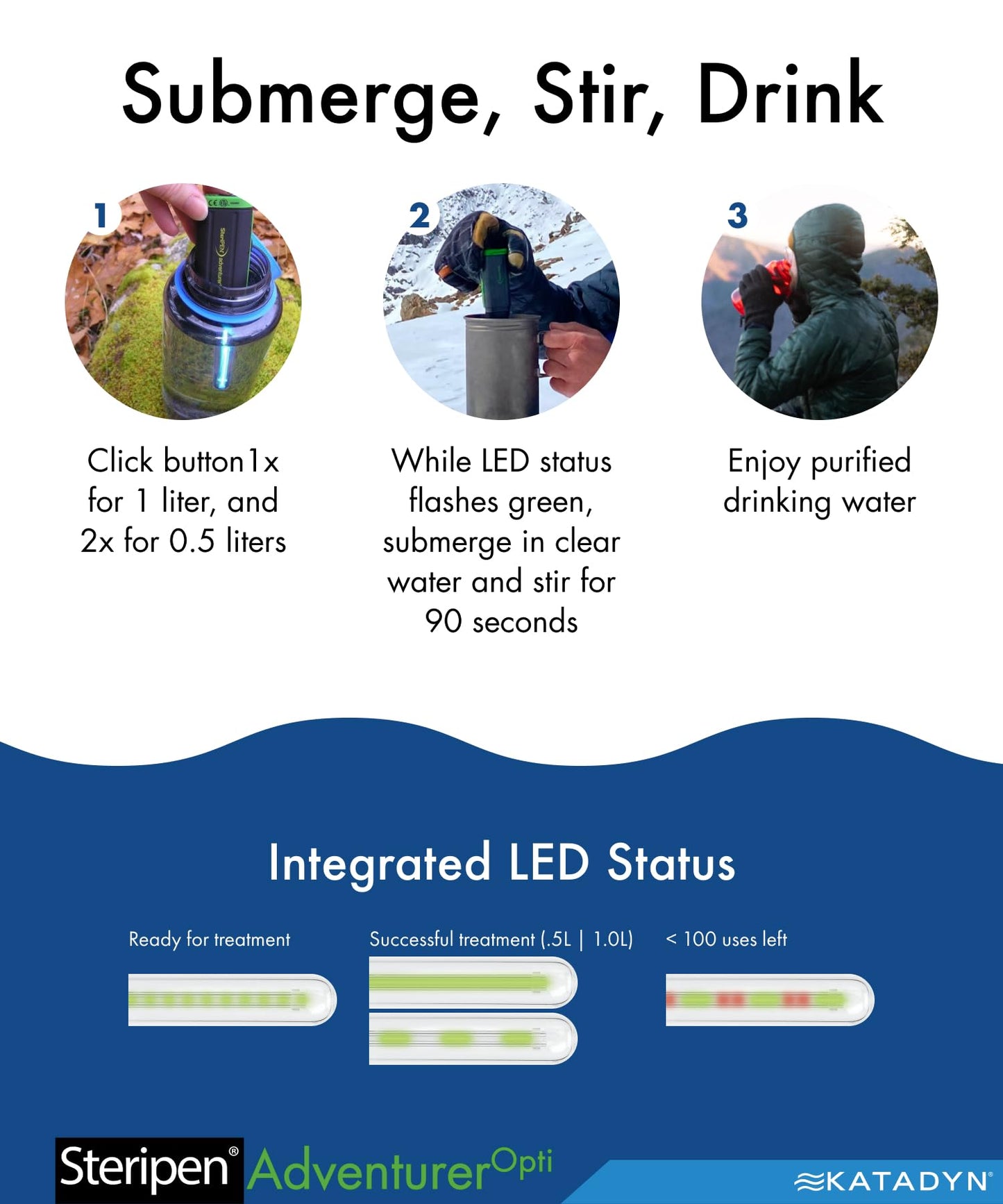 SteriPen Adventurer Opti UV Water Purifier - CR123 Battery Powered, Optical Water Sensor, Pen-Style Handheld for Camping, Backpacking, Travel & Emergency Preparedness