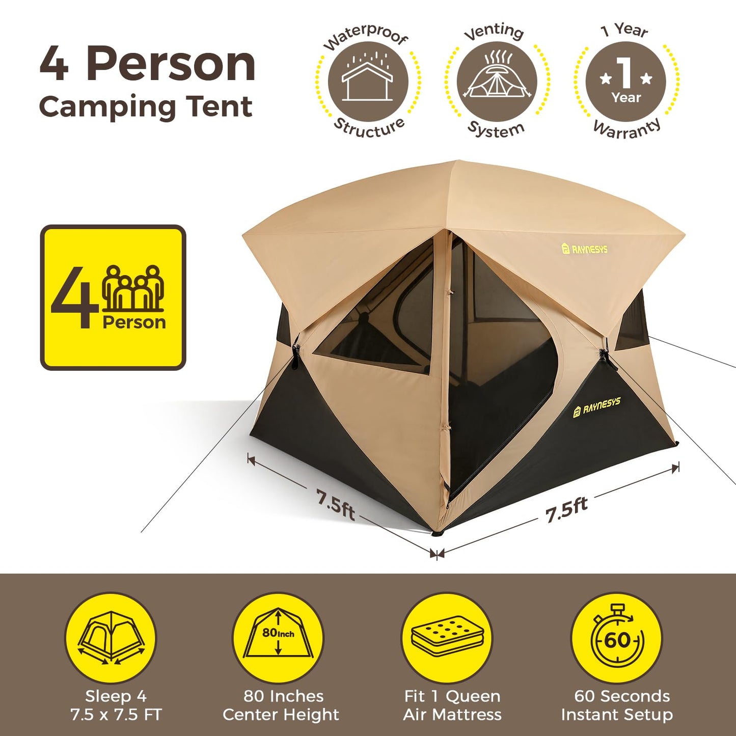 Camping Tent, 4 Person Tent for Camping, Setup in 60 Seconds, 4 Person Pop up Tents, Hub Tents, Water-Resistant, Windproof, Instant Cabin Tents with Rainfly & Carry Bag for Outdoor Camping