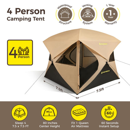 Camping Tent, 4 Person Tent for Camping, Setup in 60 Seconds, 4 Person Pop up Tents, Hub Tents, Water-Resistant, Windproof, Instant Cabin Tents with Rainfly & Carry Bag for Outdoor Camping