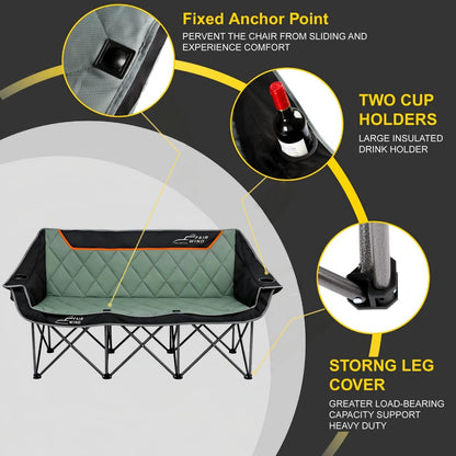 FAIR WIND Oversized 3 Person Camping Chair Padded Triple Loveseat Folding Camping Couch Duo Chair Heavy Duty Quad Fold Arm Chair with Cup Hold - Supports 900 LBS Black