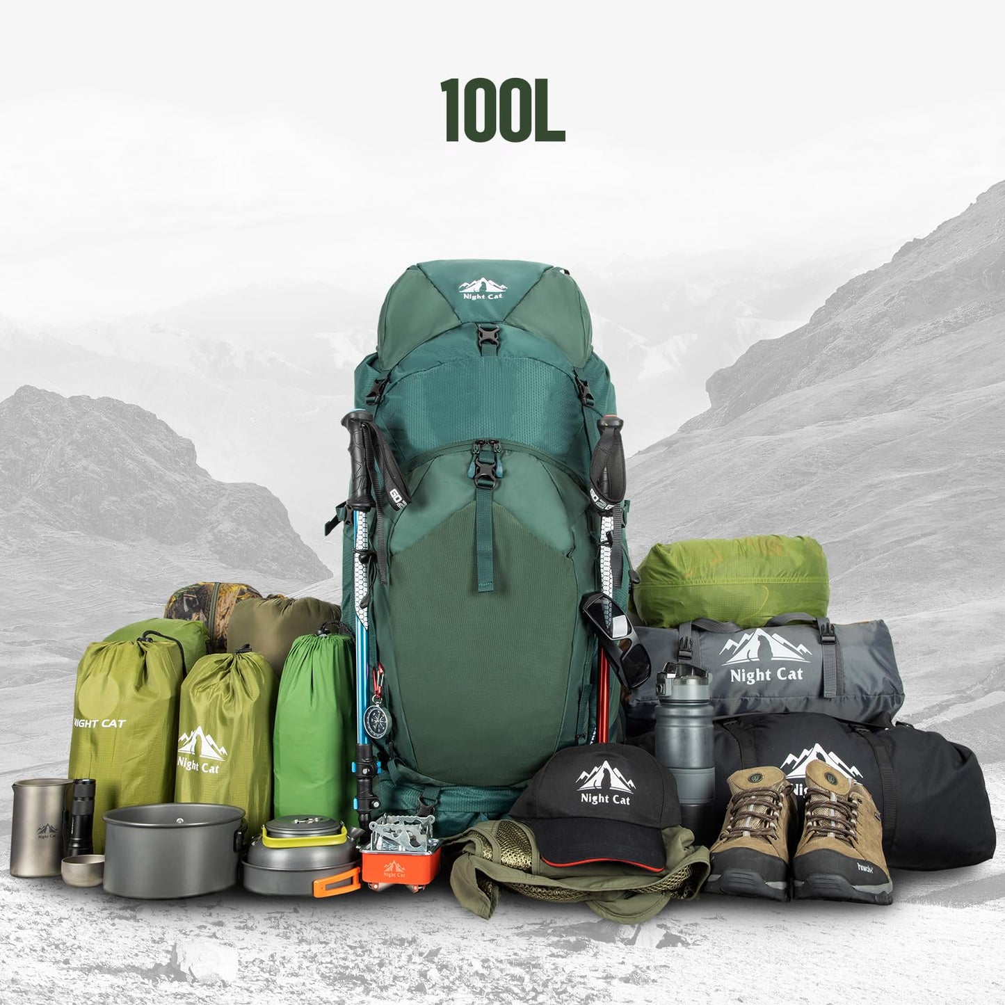 Night Cat Internal-frame Hiking Backpack: 100L Large Camping Backpack for Men Women Traveling Waterproof Rain Cover Green