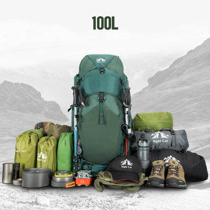 Night Cat Internal-frame Hiking Backpack: 100L Large Camping Backpack for Men Women Traveling Waterproof Rain Cover Green