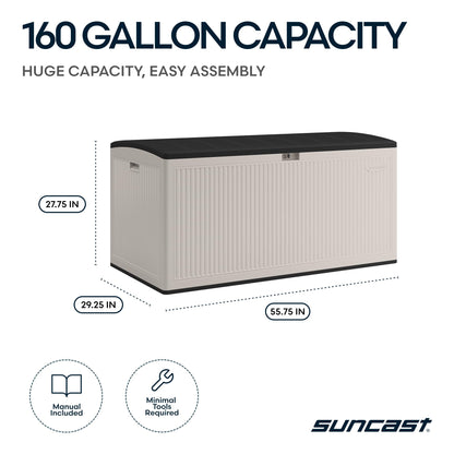 Suncast 160-Gal. Resin Extra-Large Outdoor Patio Deck Box with Pad-Lockable Lid, Modern Reeded Outdoor Patio Bench/Storage Box for Cushions, Garden Tools, and More, Iron Ore/French Gray
