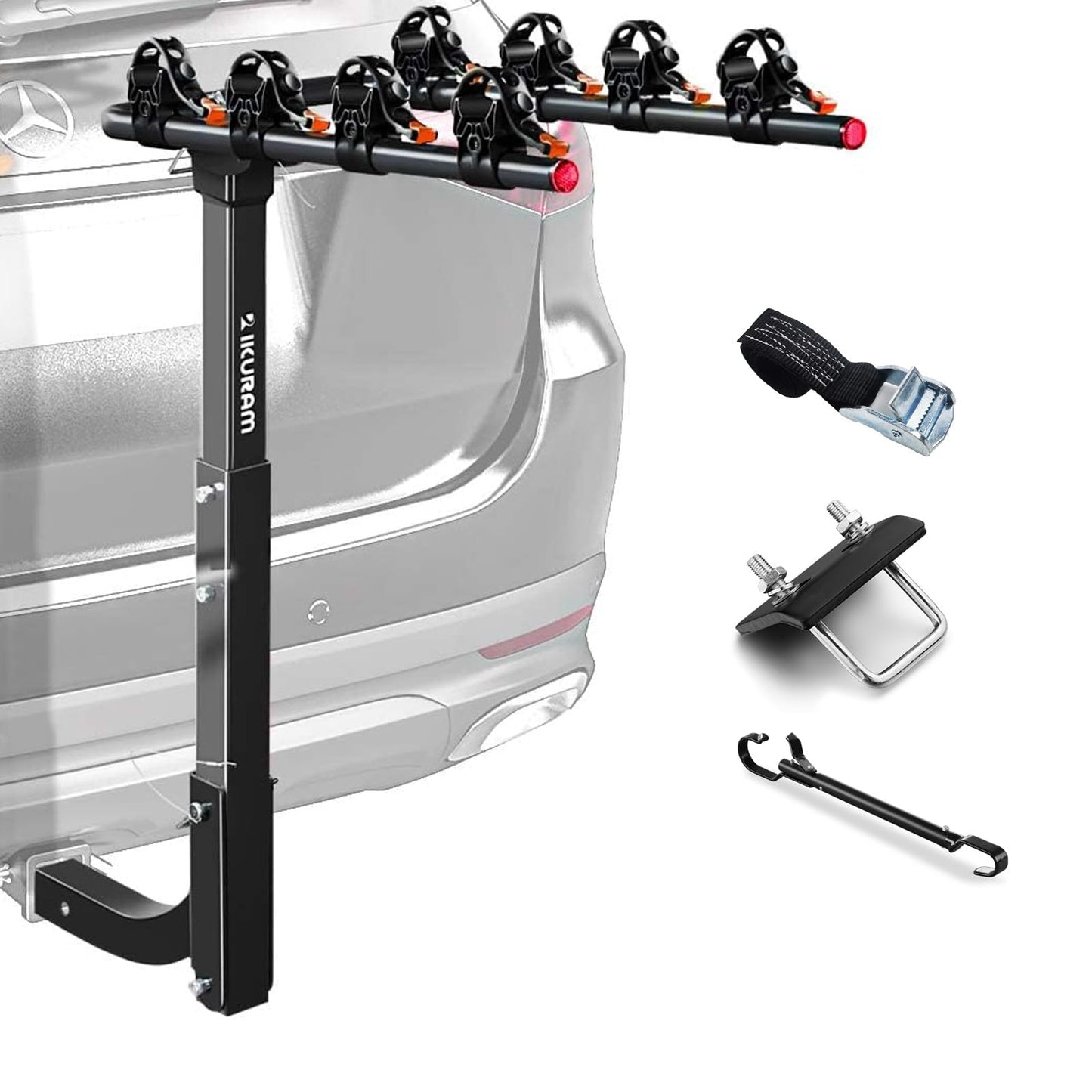 4 Bike Rack Bicycle Carrier Racks Hitch Mount Double Foldable Rack for Cars Truck SUV Fits 2" Receiver, Tie Down Strap, Anti-Rattle Hitch Tightener & Bicycle Cross-bar Adapter for Kid’s Bike