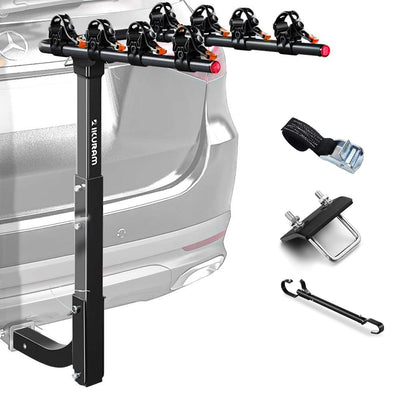 4 Bike Rack Bicycle Carrier Racks Hitch Mount Double Foldable Rack for Cars Truck SUV Fits 2" Receiver, Tie Down Strap, Anti-Rattle Hitch Tightener & Bicycle Cross-bar Adapter for Kid’s Bike
