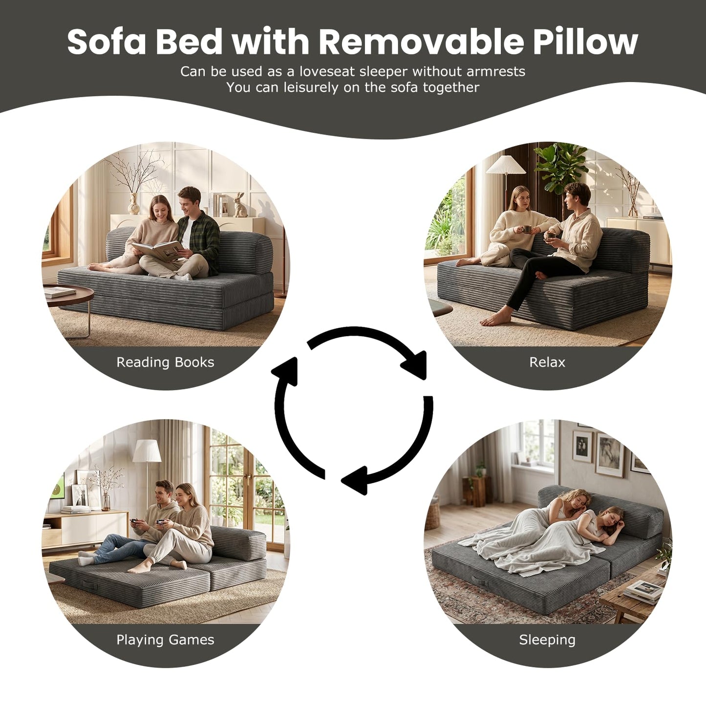 Winzoo 4-in-1 Folding Sofa Bed – Memory Foam Convertible Sleeper Chair with Pillow, No Assembly Required for Apartment, Guest Room, Camping