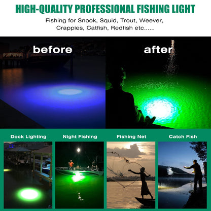 HUSUKU FS0-2 LED Underwater Fishing Light, 12V & 110V, 200W 20,000LM Super Bright, 16inch 16.4ft Cable, IP68 Submersible, Green Fish Attractor Lamp for Snook Crappie Squid Shrimp Night Fishing