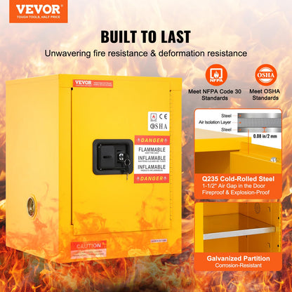 VEVOR Safety 12 Gal, Cold-Rolled Steel Flammable Liquid Storage Cabinet, 16.9 x 16.9 x 22 in Explosion Proof with 1 Adjustable Shelf 1 Door for Commercial Industrial Use, Yellow, SS-559