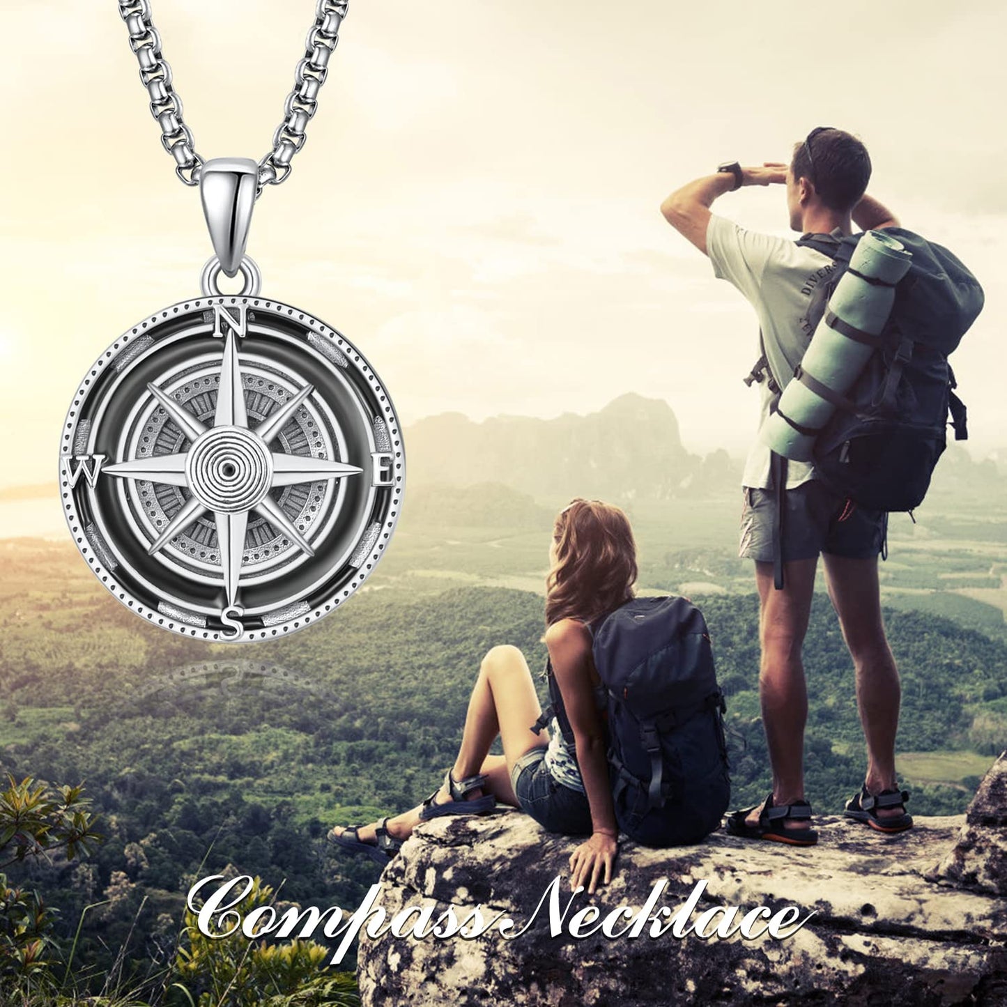 KINGWHYTE Compass Necklace for Men 925 Sterling Silver Necklaces Birthday Gifts Graduation Travel Jewelry for Husband Brother with Stainless Steel Chain 22"+2"