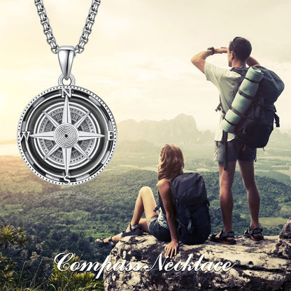 KINGWHYTE Compass Necklace for Men 925 Sterling Silver Necklaces Birthday Gifts Graduation Travel Jewelry for Husband Brother with Stainless Steel Chain 22"+2"