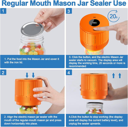 LOVE MOMENT Electric Mason Jar Vacuum Sealer Kit - Versatile for Wide & Regular Mouth Jars - Orange