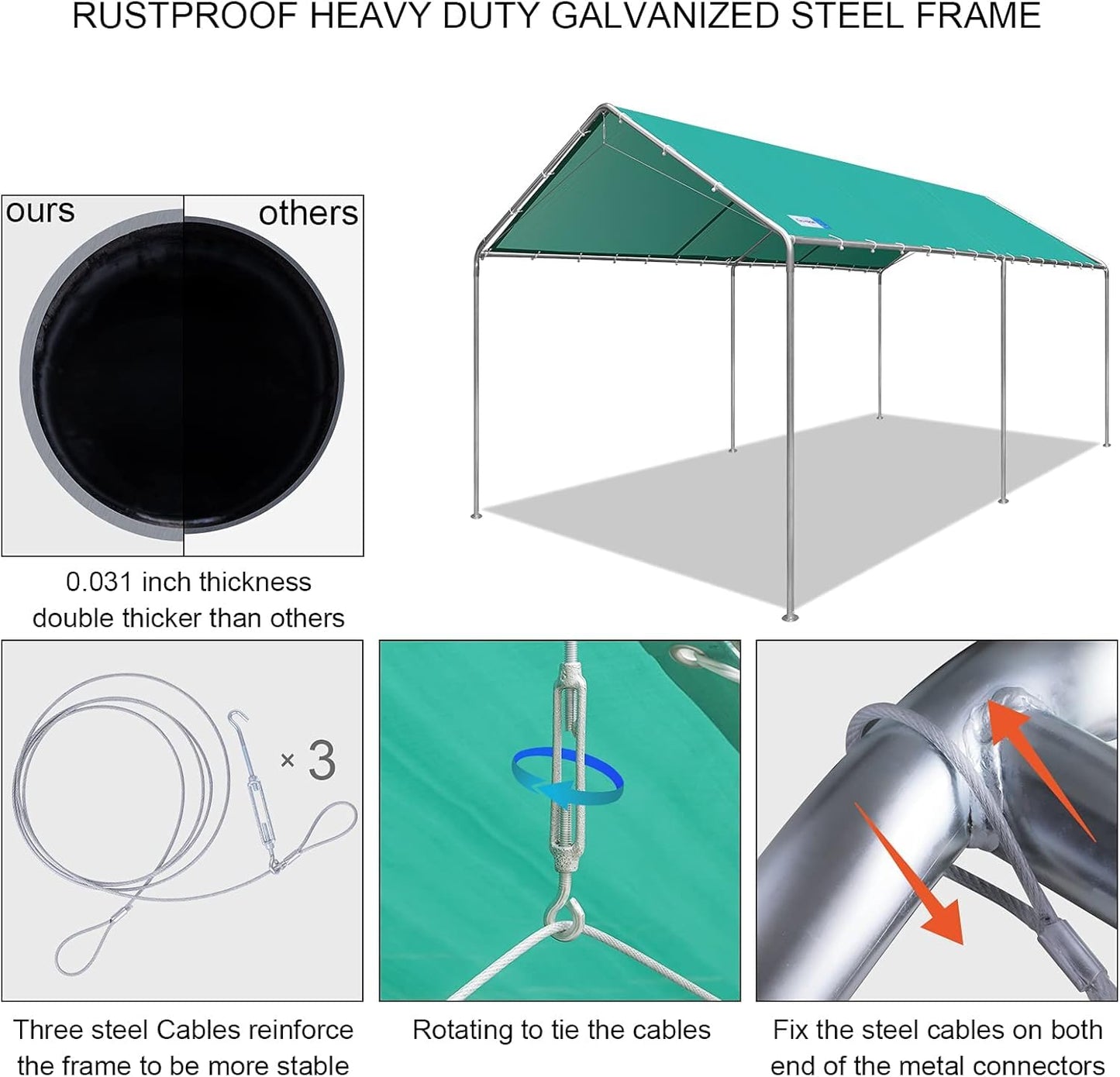 Voysign 10'x20' Carport Heavy Duty Galvanized Car Canopy with Included Anchor Kit, 3 Reinforced Steel Cables, Green