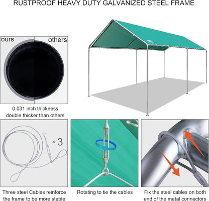 Voysign 10'x20' Carport Heavy Duty Galvanized Car Canopy with Included Anchor Kit, 3 Reinforced Steel Cables, Green