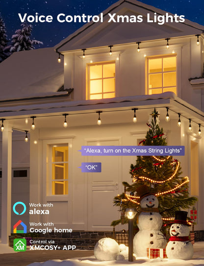 XMCOSY+ Smart Outdoor String Lights, 123Ft LED Patio Lights Waterproof IP65, App Control, Compatible with Alexa, Dimmable Edison Bulbs Outdoor Light for Yard Porch Bistro Outside