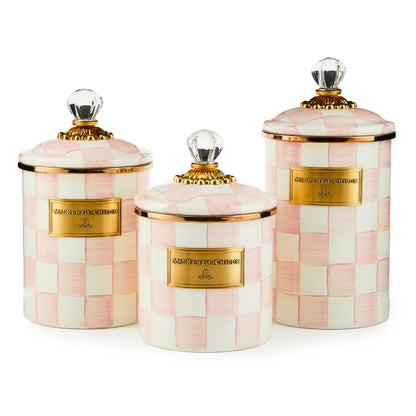 MACKENZIE-CHILDS Enamel Canisters, Small (38 oz.), Medium (48 oz.), and Large (64 oz.) Kitchen Storage Containers, Set of 3, Pink-and-White Rosy Check