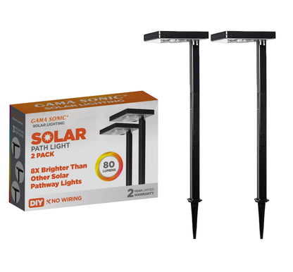 Gama Sonic Contemporary Black Square Solar Garden Light, Heavy Duty Cast Aluminum 80 Lumen with Bright White and Warm White LED Options, 26.75 in Tall for Sidewalk, Pathway, 2-Pack 117iP290080