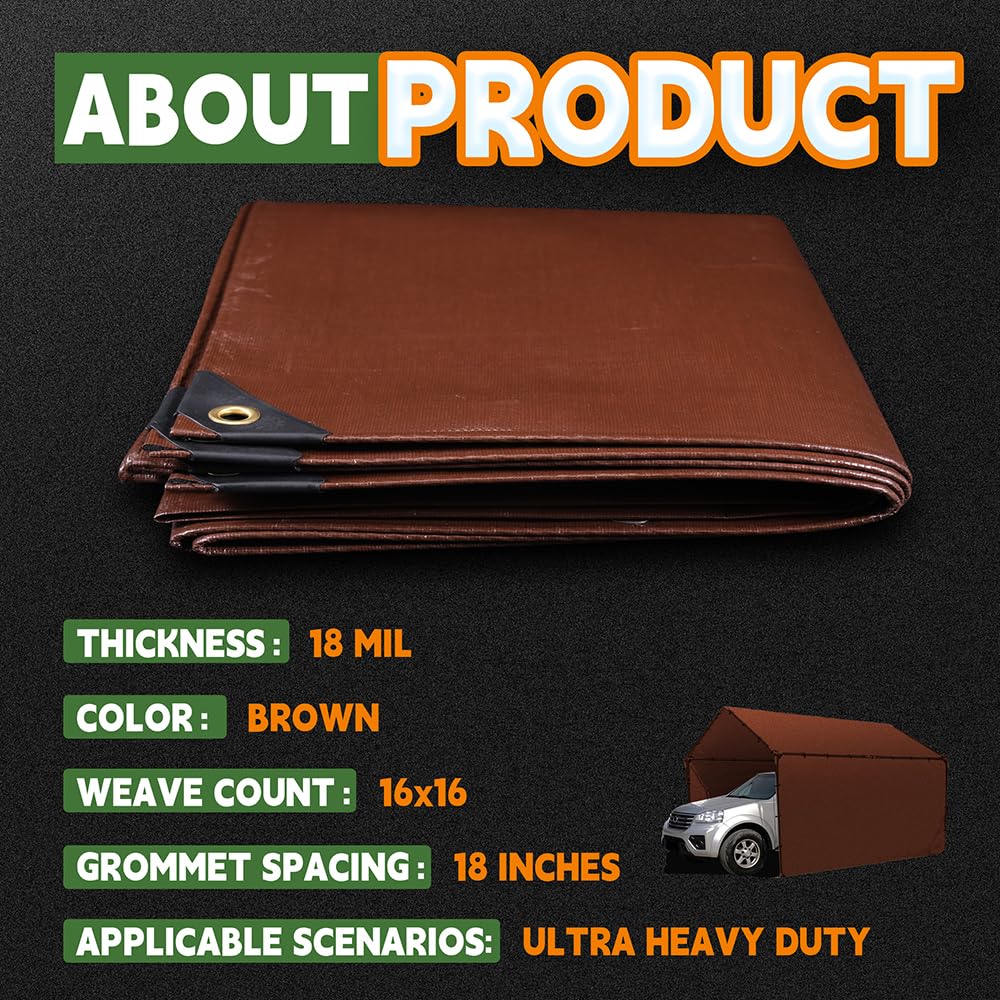 RAINDEWAY 20x40 Feet Super Heavy Duty 18 Mil Brown Poly Tarp Cover, UV Resistant, Weatherproof, Multipurpose Waterproof Poly Tarp with Grommets and Reinforced Edges