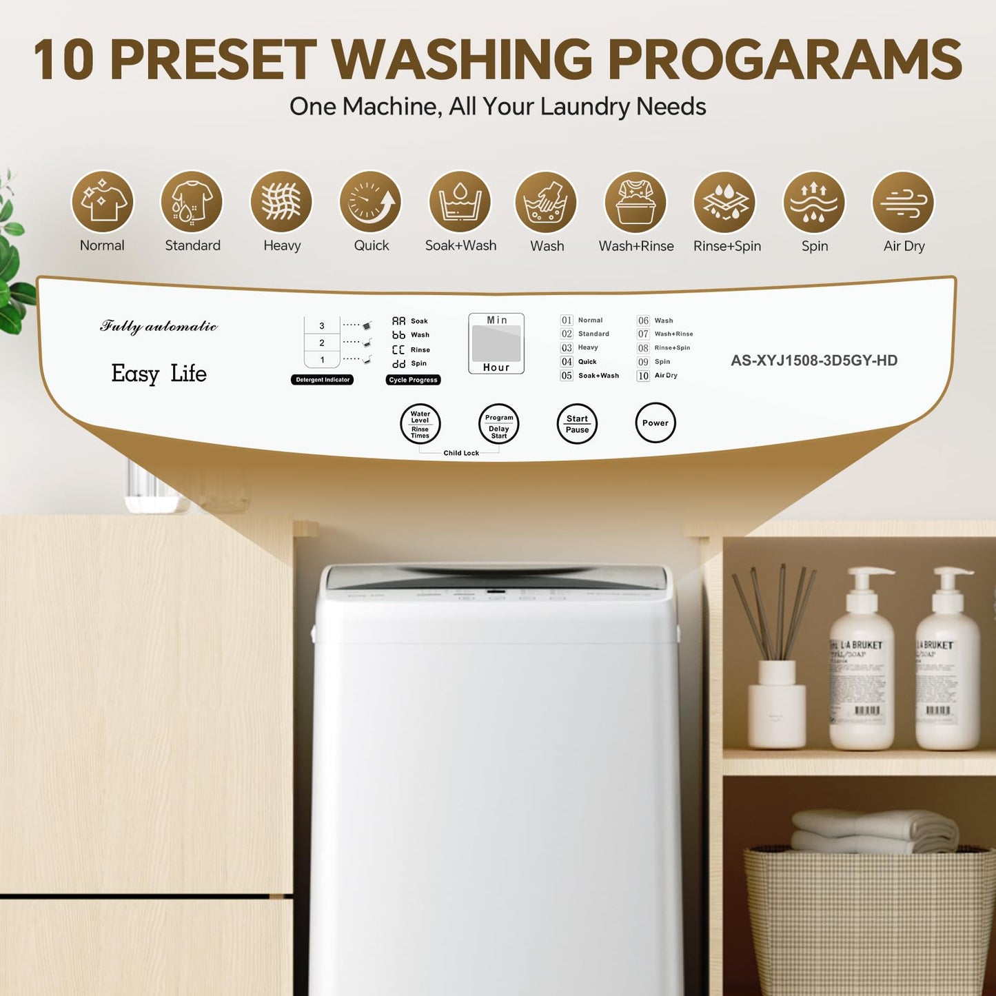 NEWBULIG 1.06 Cu.Ft. Portable Washing Machine, 7.7LBS Full-Automatic Laundry Washer with Stainless Steel Drum, 10 Wash Cycles & Auto-Balance, Compact Washer for Apartment RV Dorm Camping, White