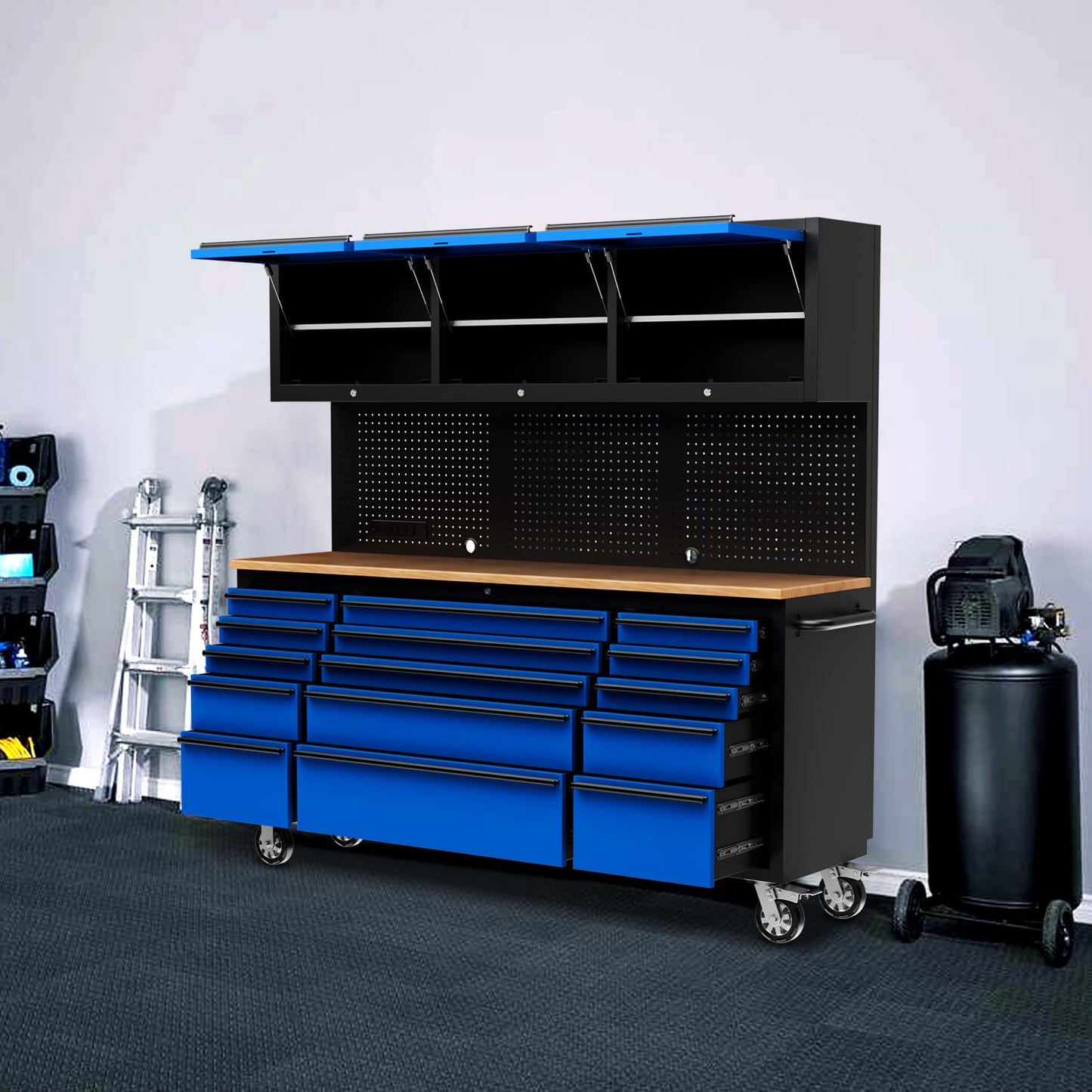 CHETTO C 72 inch Tool Chest Tool Box Mobile 15 Drawer Storage 3 Upper Cabinet Power Outlet SS-Pegboard with Wheels Lock Key Locking System Drawer Liners for Garage Warehouse Repair Shop