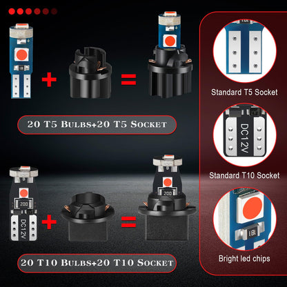 BBTO LED Dashboard Bulbs, 40 Pieces T5 T10 Twist Socket Lights, Red, for Car Interior and Instrument Panel