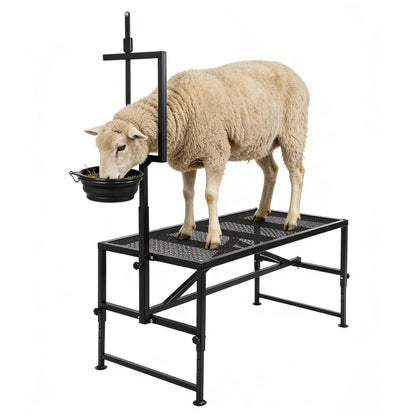 FULUPET Goat Milking Stand with Feed Bin, 600 LBS Heavy Duty Sheep Trimming Stand, Adjustable Headpiece Livestock Stanchion, Stable Metal Hoof Trimming Platform for Grooming & Shearing, Farm Equipment