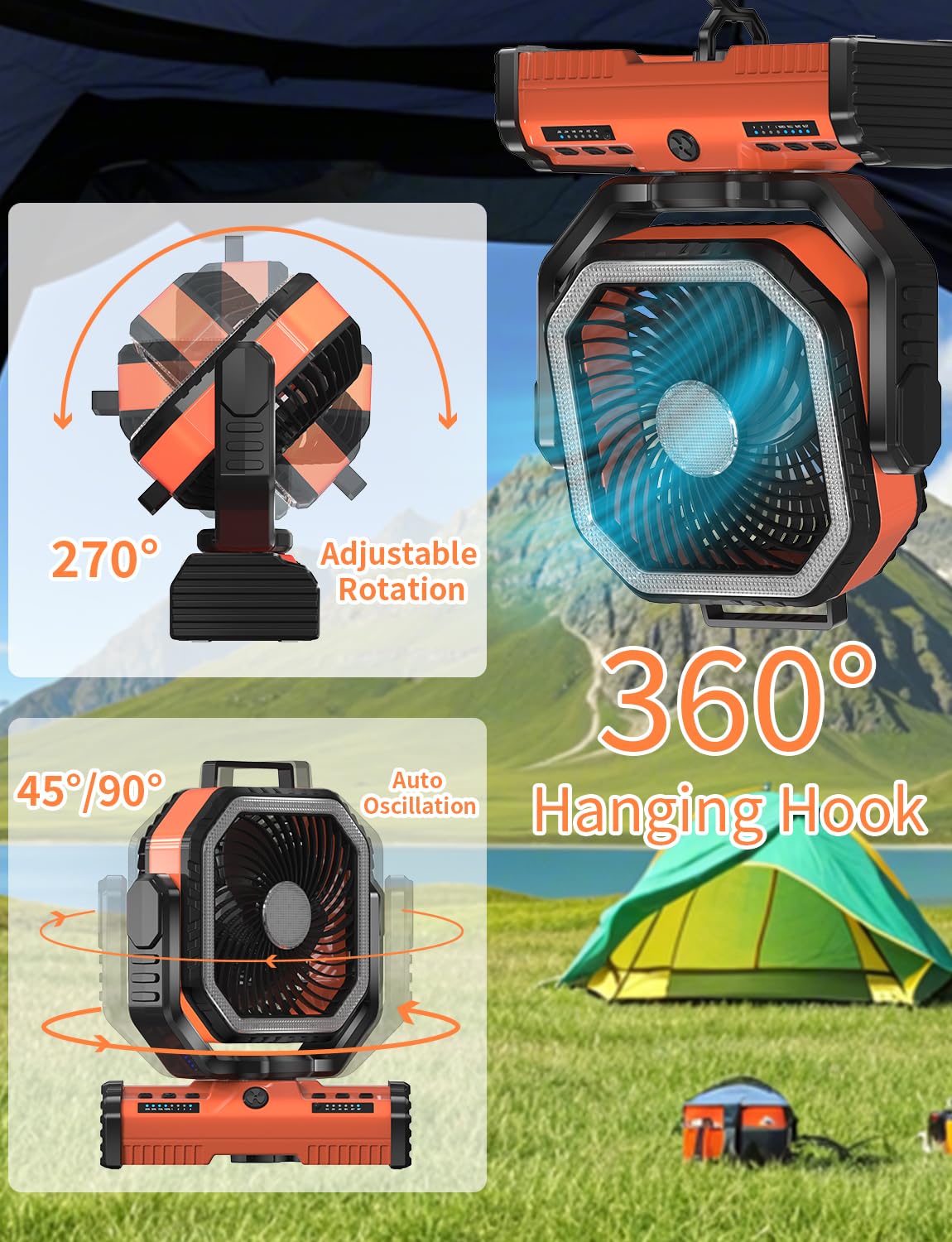 EEIFO 12 Inch Portable Camping Fan, 40000mAh Rechargeable Battery Powered Fan with 4 Speeds Wind and LED Light 140H, Cool & Warm Light and SOS Mode, Auto Oscillating, 360° Rotating Hang Hook(Orange)