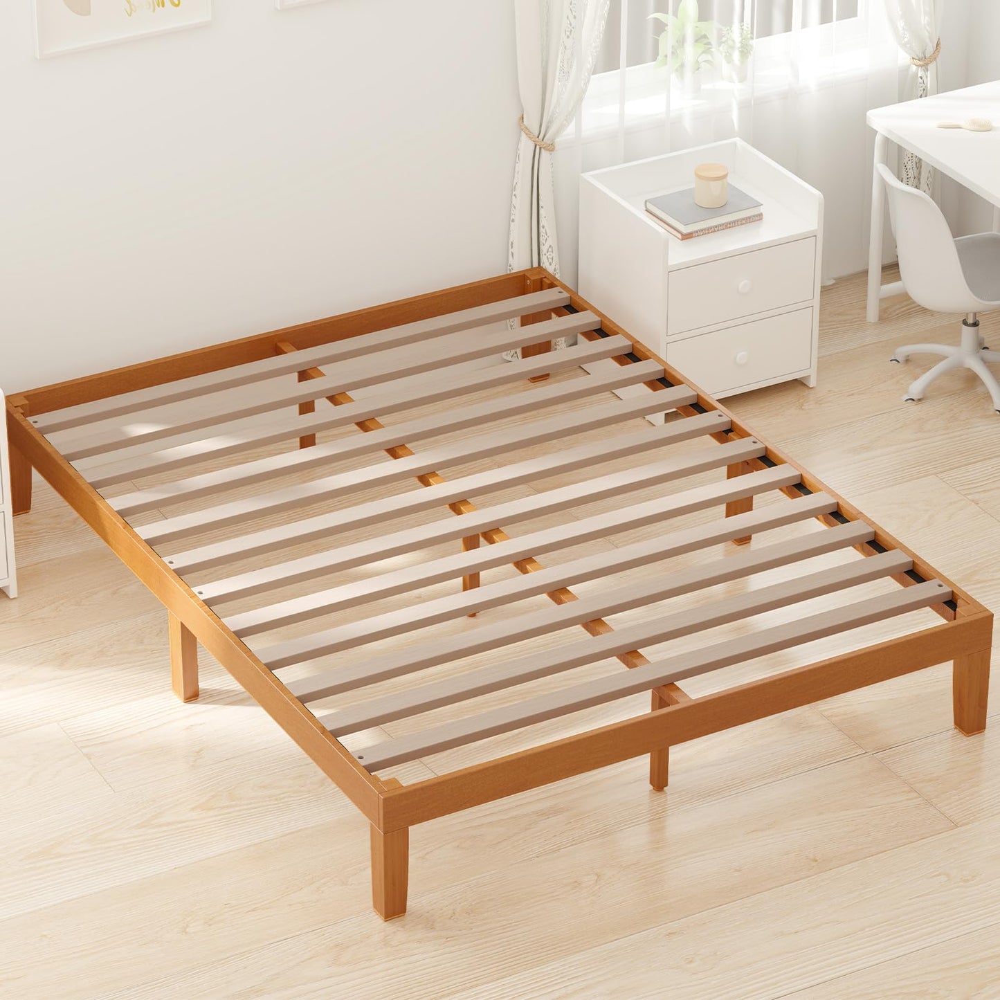 Sweetcrispy Queen Wood Platform Bed Frame, Solid 1000LBS Heavy Duty Bed Base with Wooden Slat Support, Sturdy, Stylish & Noise-Free Design, No Box Spring Needed, 12IN Natural Pine