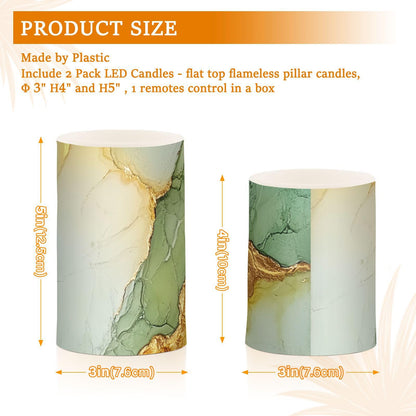 famyily Marble Sage Green Yellow Flameless Candles Led Pillar Candles with Remote Control for Living Room 4" 5" Set of 2