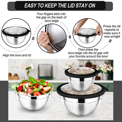 P&P CHEF Mixing Bowl with Lid Set of 7, Stainless Steel Nesting Salad Bowls for Cooking Serving Prepping, Clear Lids & Stackable Design, Size 4.6, 3.5, 3, 2, 1.5, 1, 0.7 Qt - Black