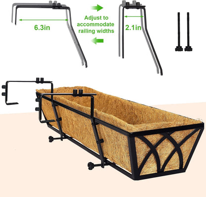 HFHOME 24 inch Railing Planter Box with Coco Liner, 24" Dia Window Box Trough with Coconut Coir Liners, Black Metal Hanging Flower Planter Basket for Indoor Outdoor Lawn - Set of 4