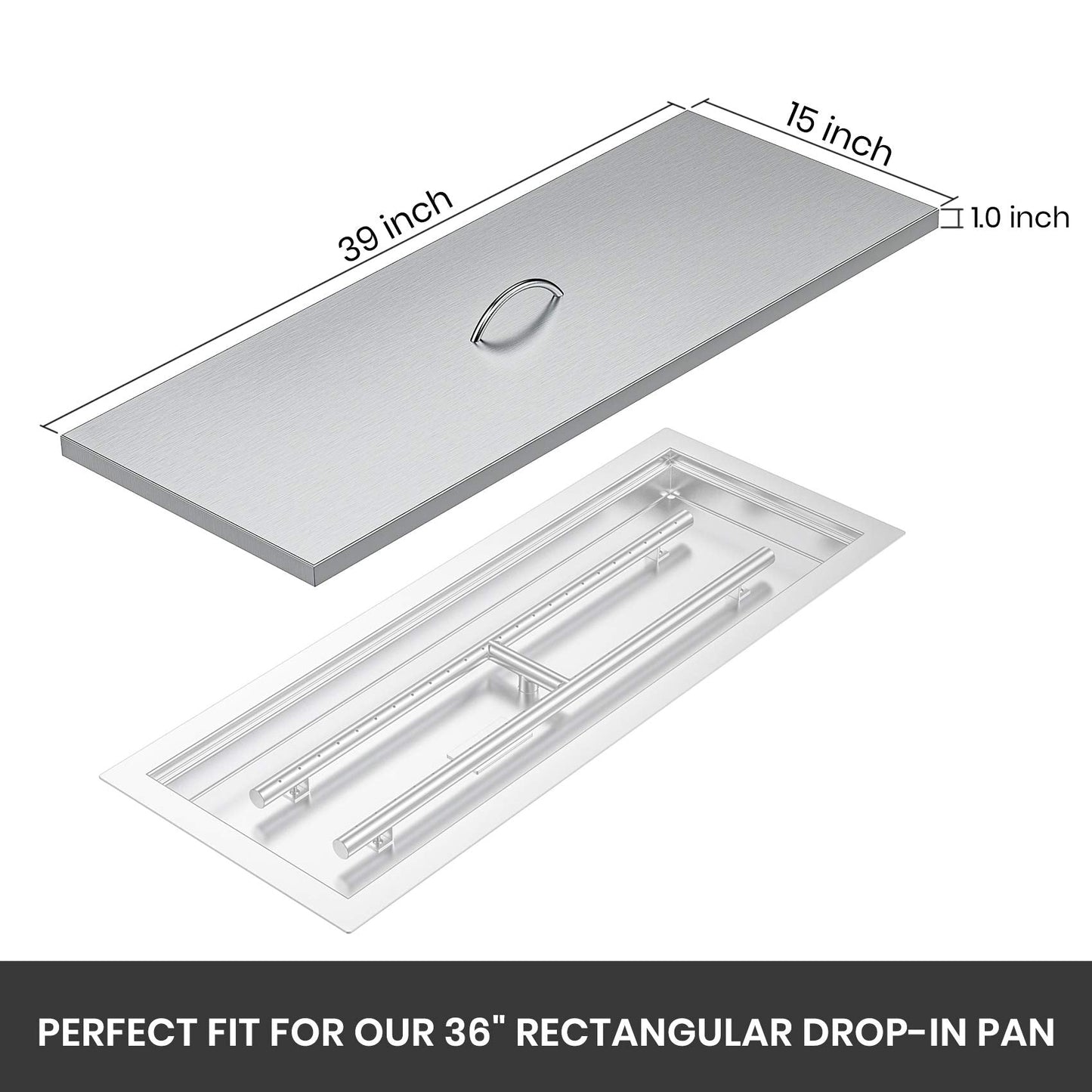 Stanbroil Fire Pit Burner Pan Cover 39" x 15", Fits 36 x12 Inches Rectangular Drop-in Burner Pan, Stainless Steel
