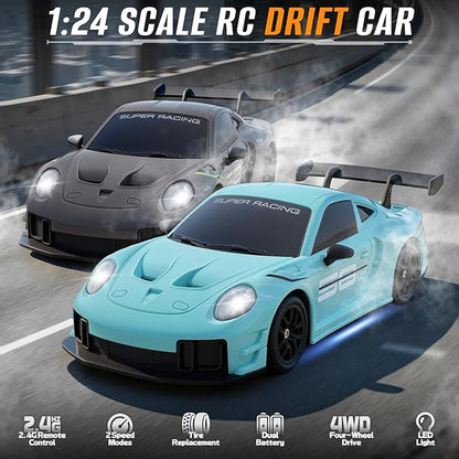 RC Drift Car 1:24 4WD Remote Control Cars Vehicle with LED Light2.4GHz 20KM/H High Speed RC Cars with Two Batteries &amp Drifting Tires Racing Sport Toy for Adults Boys Girls Kids Blue